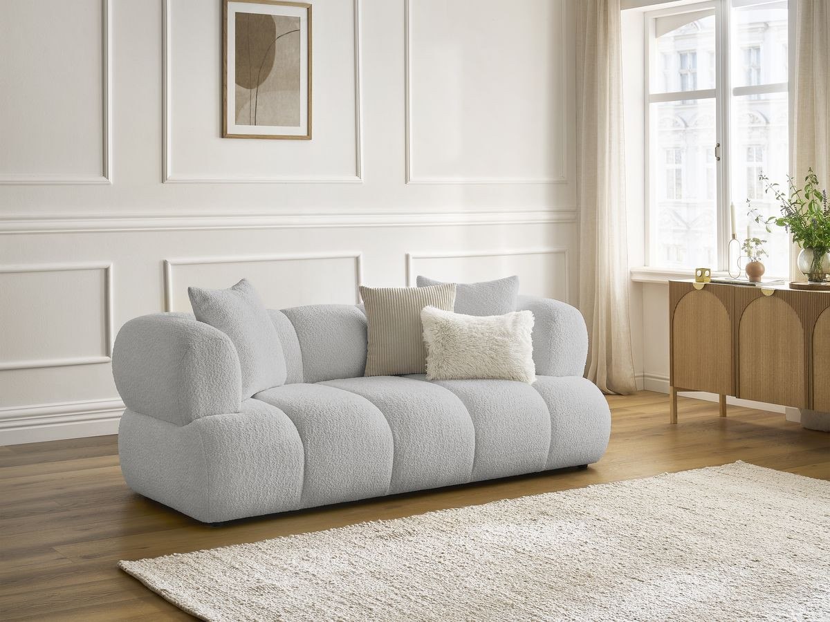 Canapé droit 2 places PAMIRA bouclette gris clair