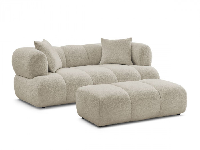 Canapé droit fixe 2 places PAMIRA tissu bouclette avec pouf