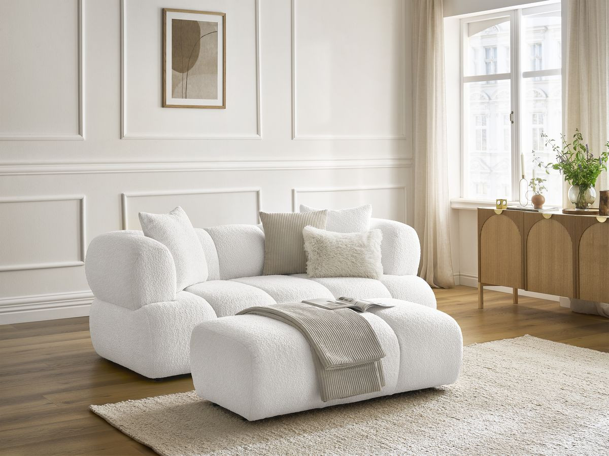 Canapé droit 2 places PAMIRA bouclette avec pouf blanc