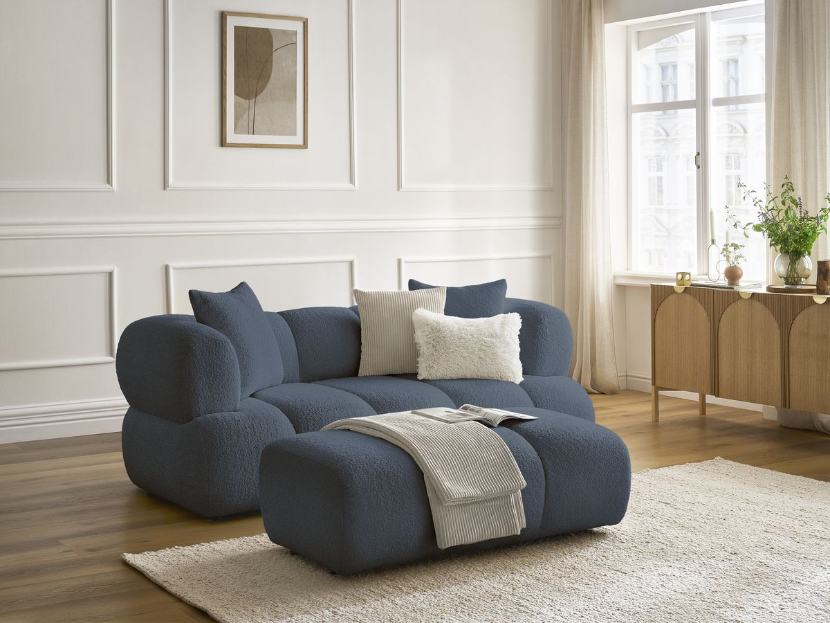 Canapé droit 2 places PAMIRA bouclette avec pouf bleu foncé