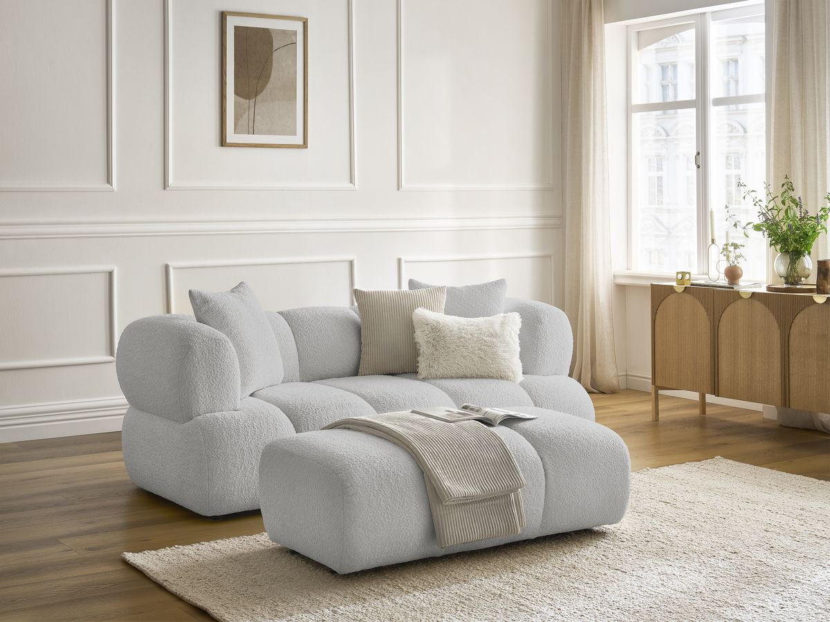 Canapé droit 2 places PAMIRA bouclette avec pouf gris clair