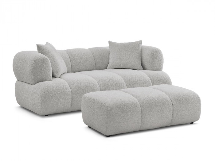 Canapé droit fixe 2 places PAMIRA tissu bouclette avec pouf