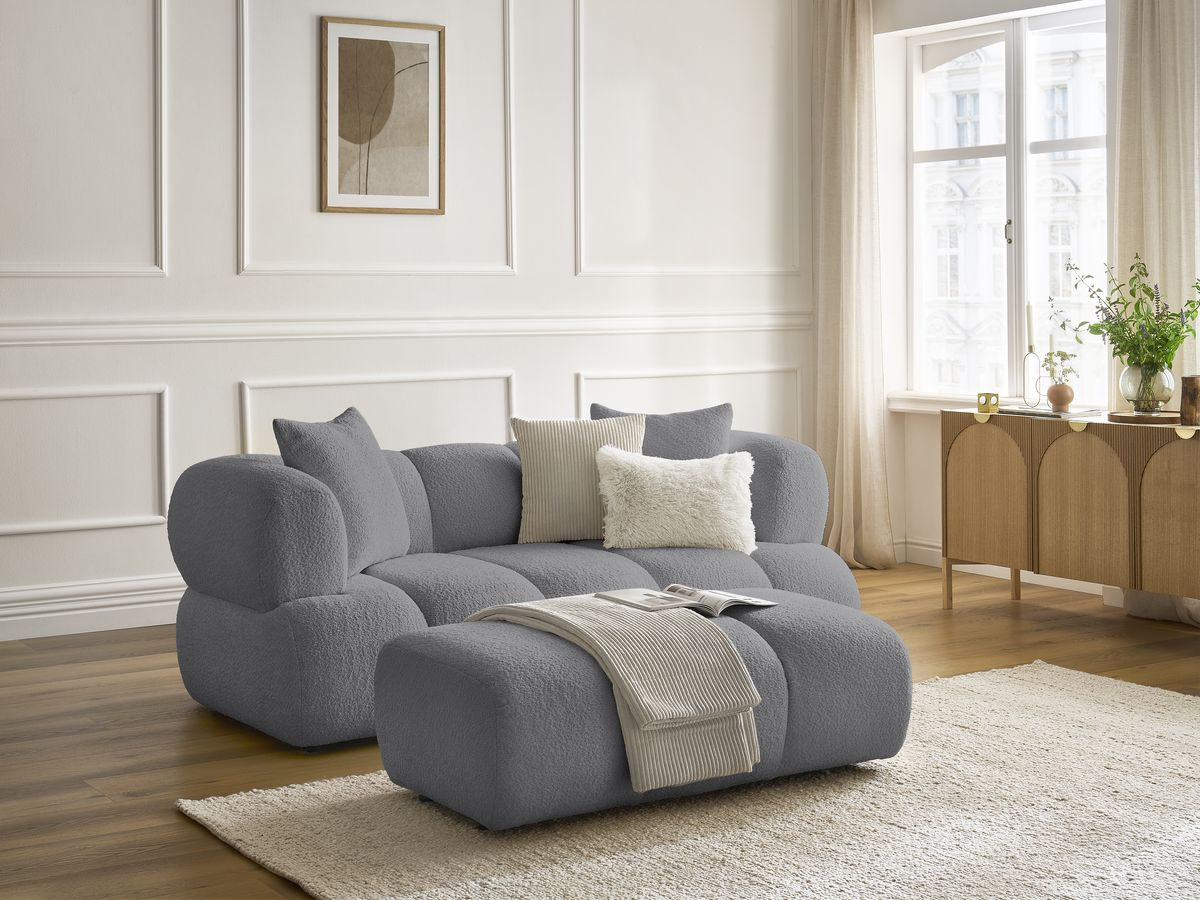 Canapé droit 2 places PAMIRA bouclette avec pouf gris foncé