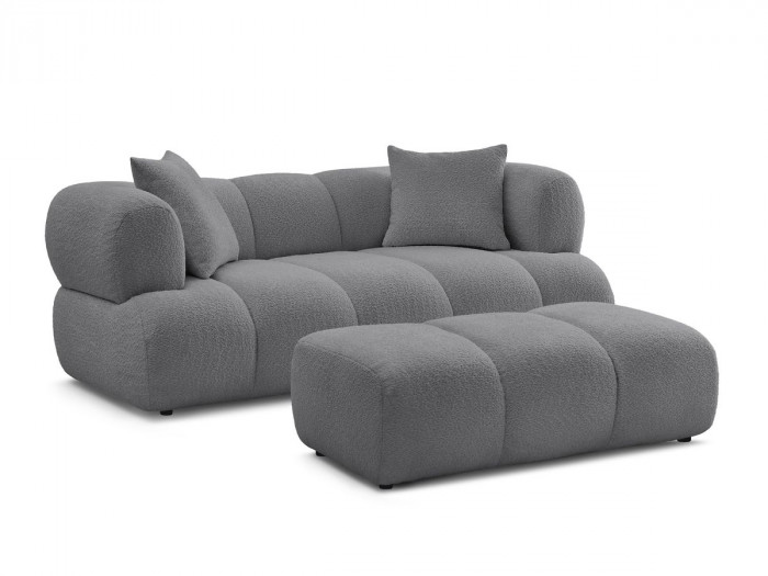 Canapé droit fixe 2 places PAMIRA tissu bouclette avec pouf
