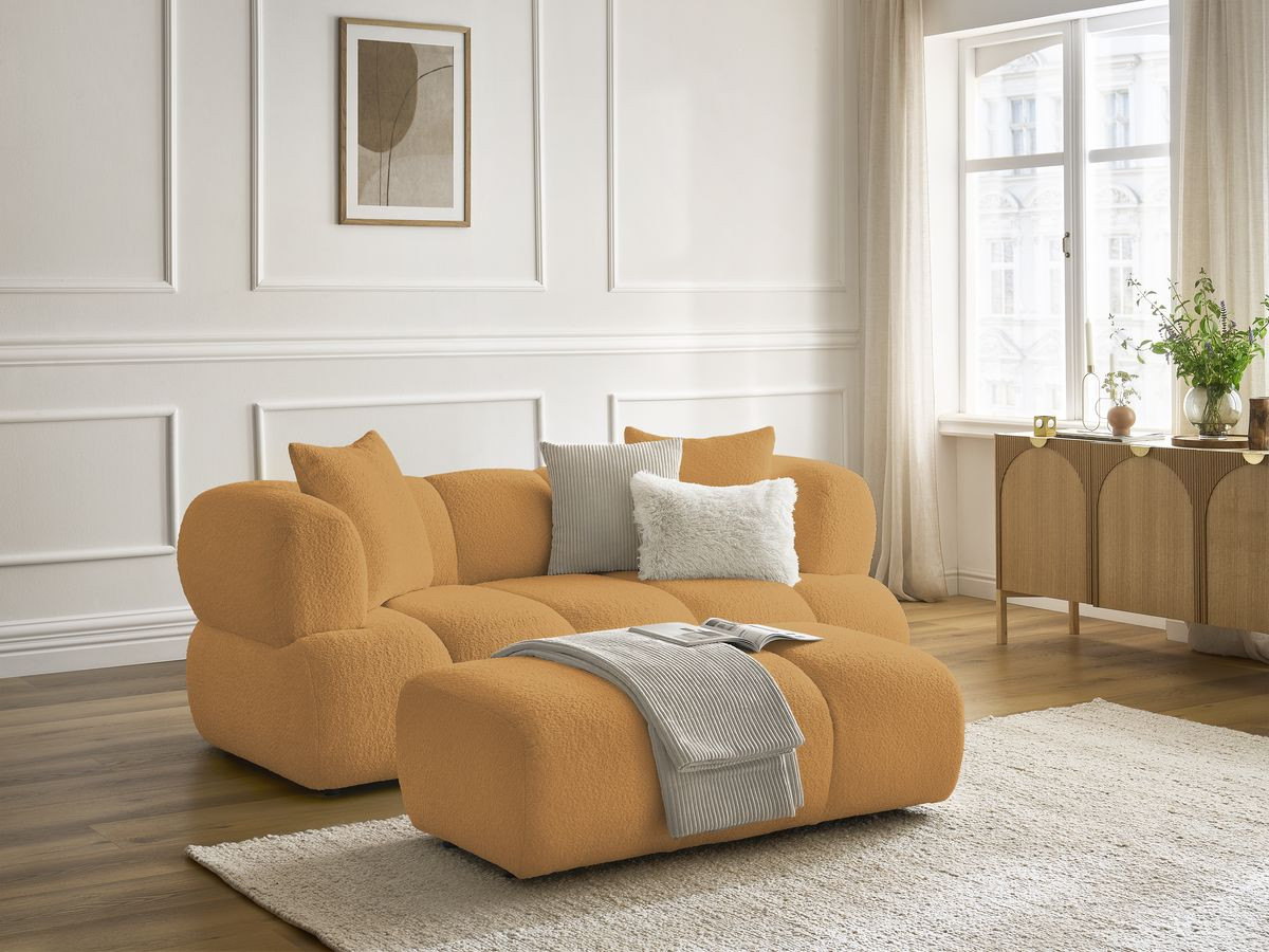 Canapé droit 2 places PAMIRA bouclette avec pouf jaune