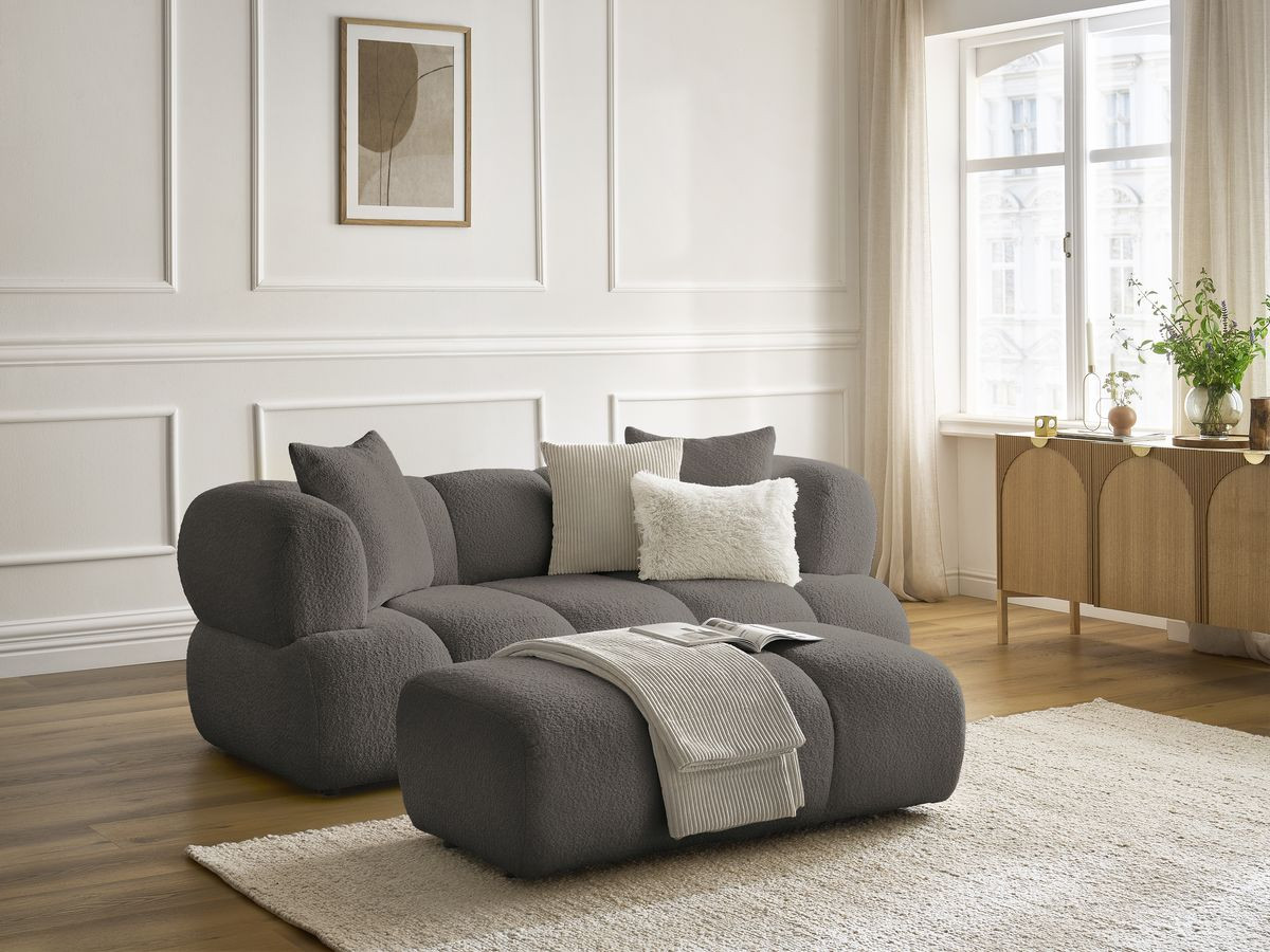 Canapé droit 2 places PAMIRA bouclette avec pouf marron