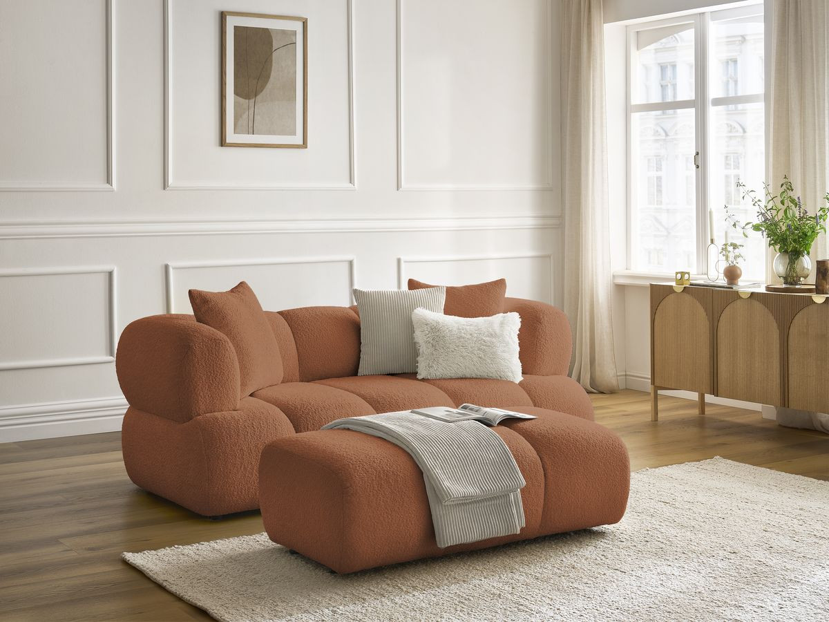 Canapé droit 2 places PAMIRA bouclette avec pouf orange