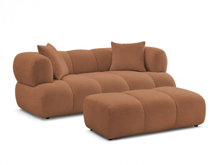 Canapé droit fixe 2 places PAMIRA tissu bouclette avec pouf