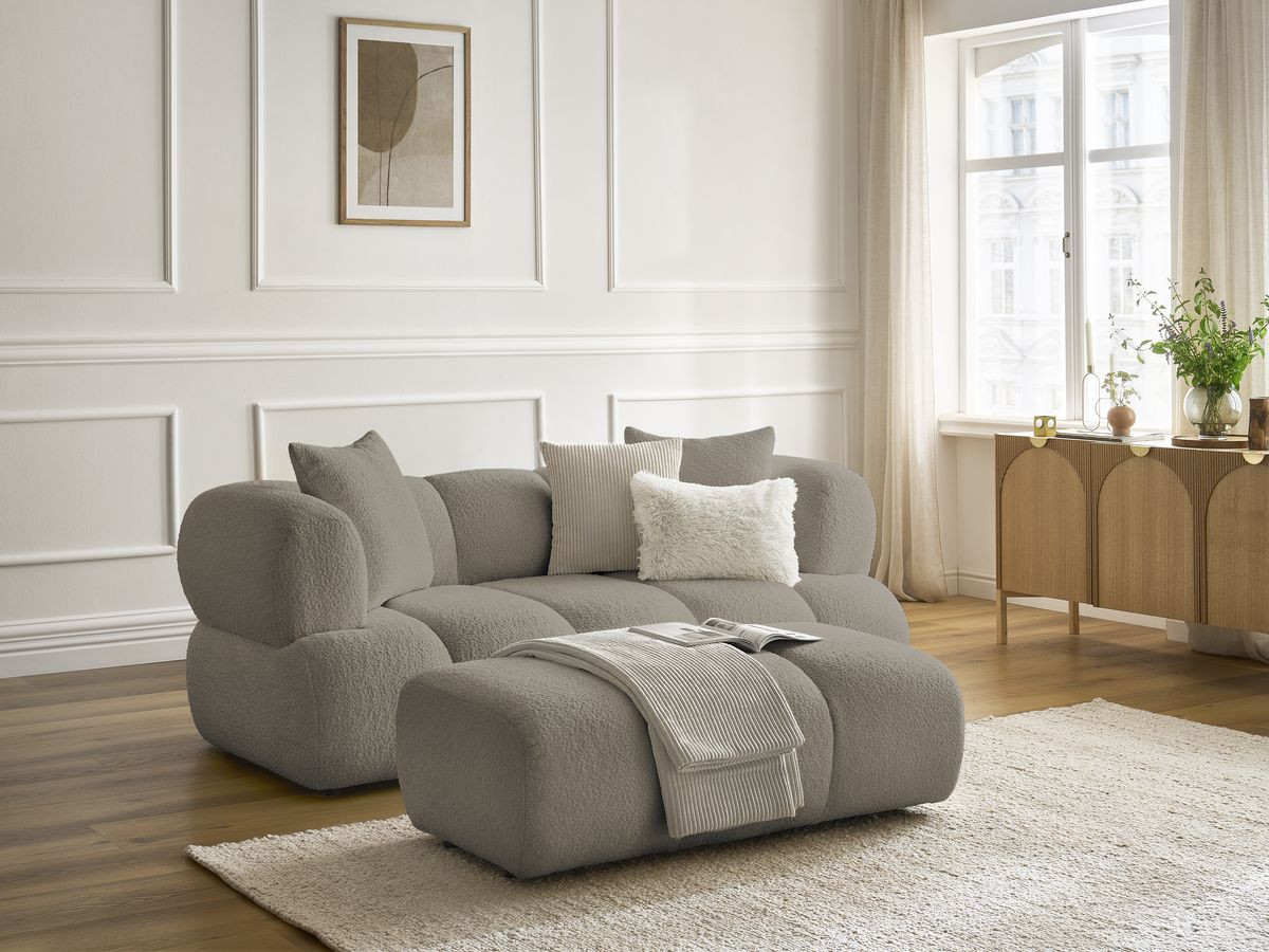 Canapé droit 2 places PAMIRA bouclette avec pouf taupe