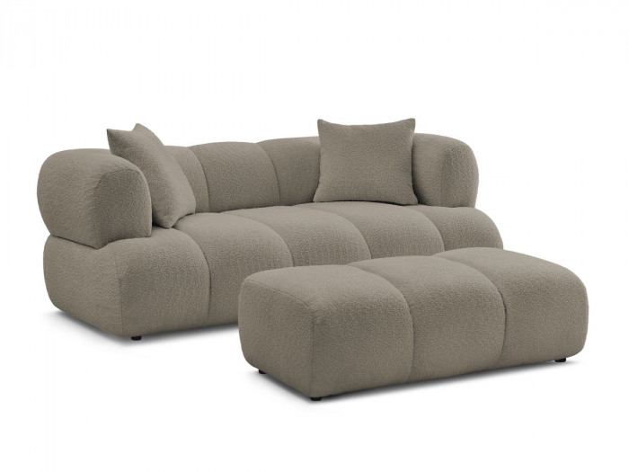 Canapé droit fixe 2 places PAMIRA tissu bouclette avec pouf