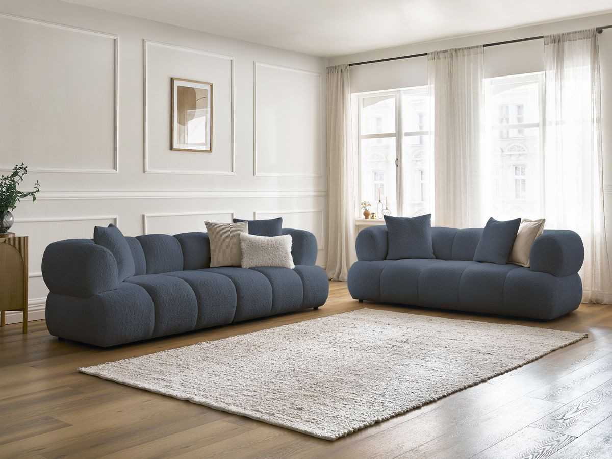 Ensemble canapé droit 3 + 2 places PAMIRA bouclette bleu foncé