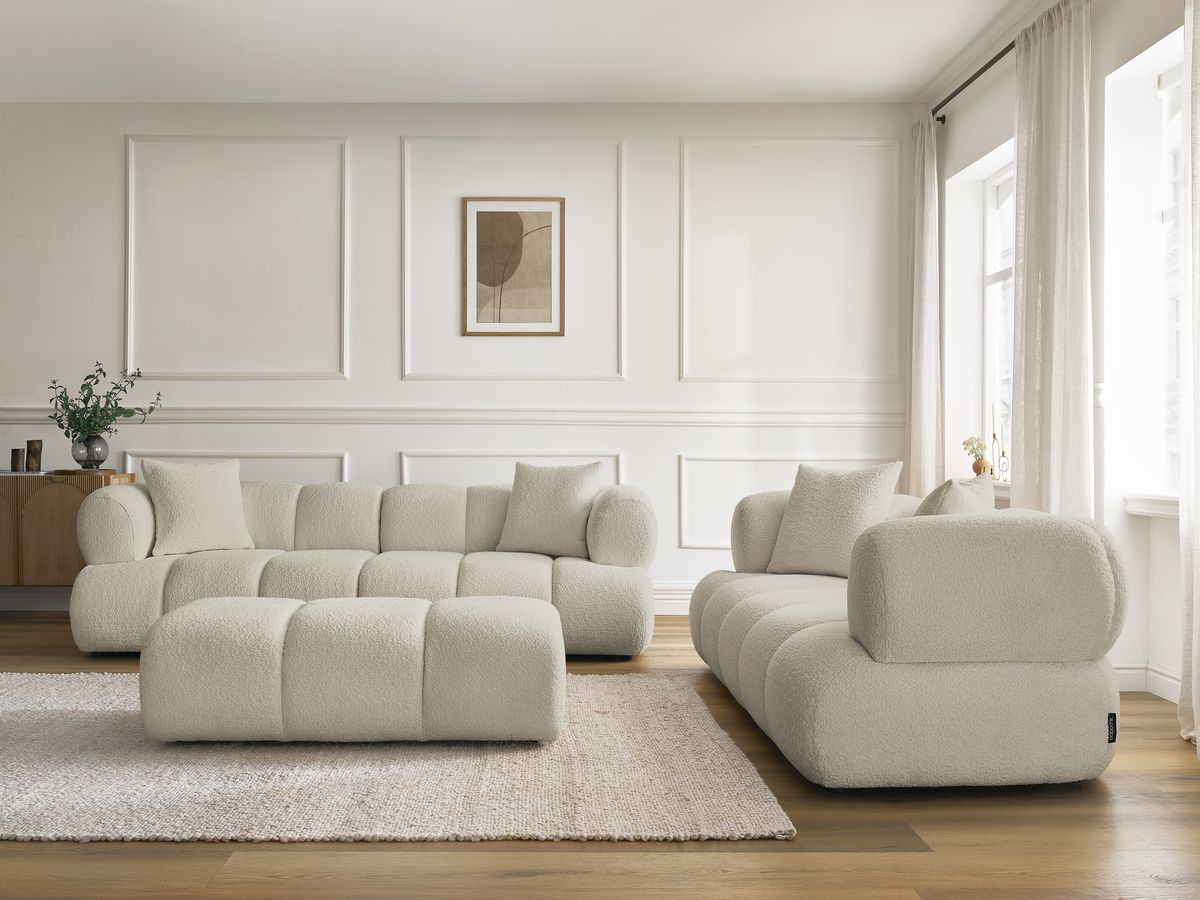 Ensemble canapé droit 3 + 2 places PAMIRA bouclette avec pouf beige — vue 5