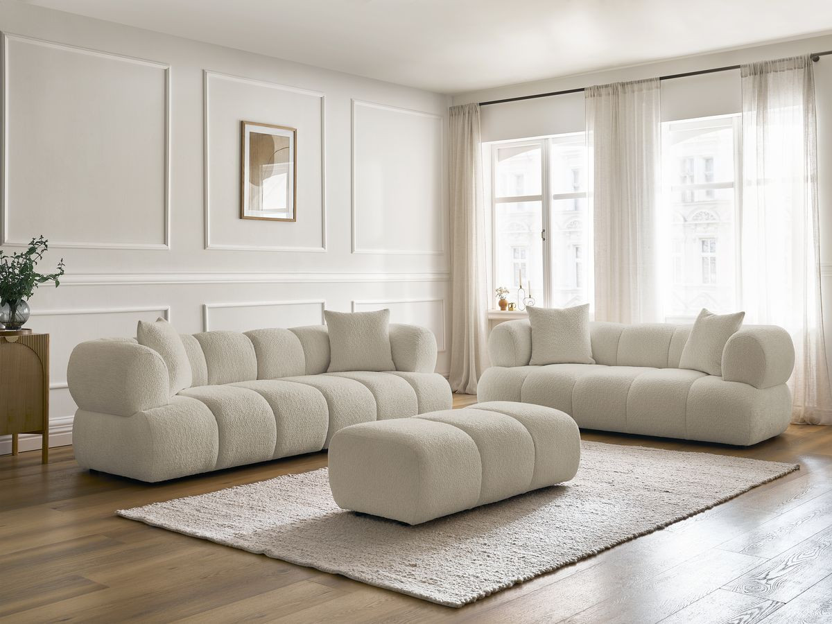 Ensemble canapé droit 3 + 2 places PAMIRA bouclette avec pouf beige — vue 6