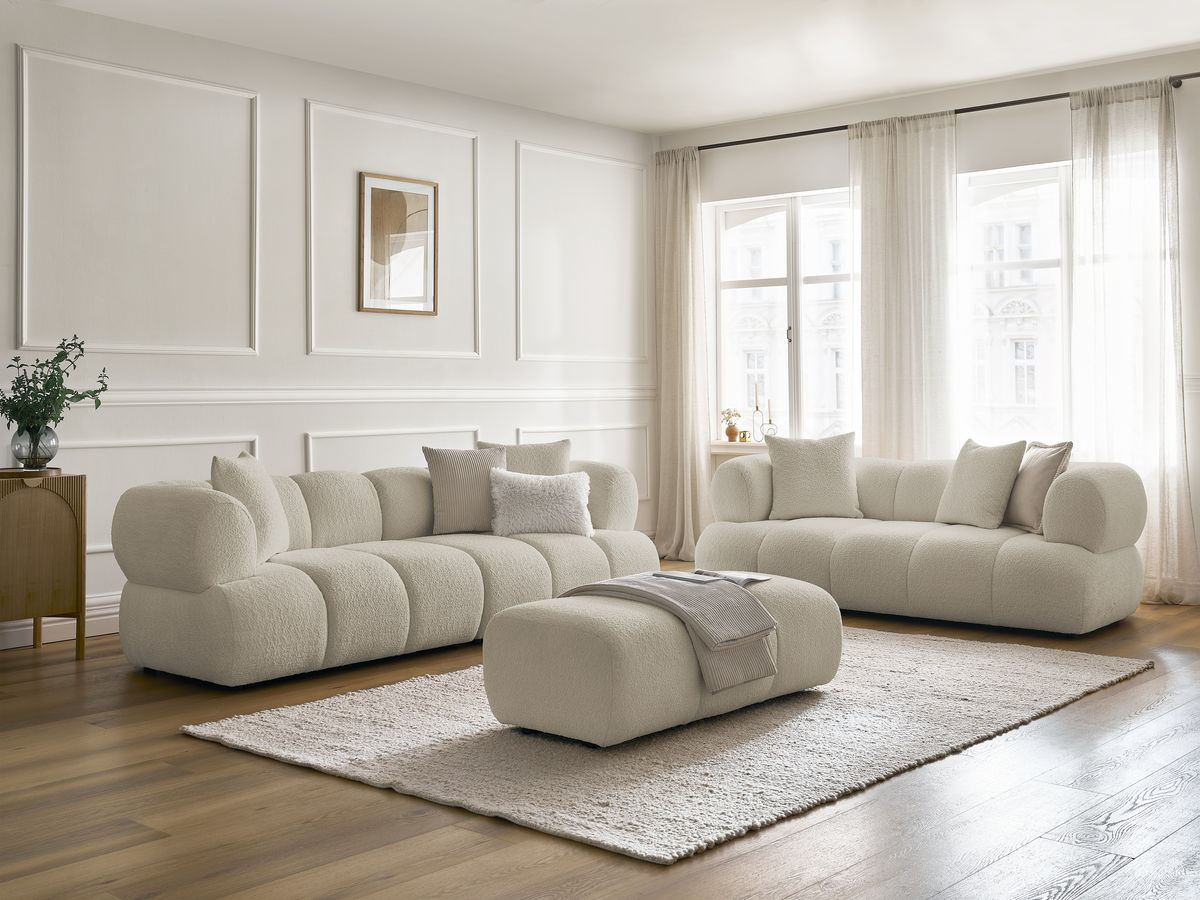 Ensemble canapé droit fixe 3 + 2 places PAMIRA tissu bouclette avec pouf