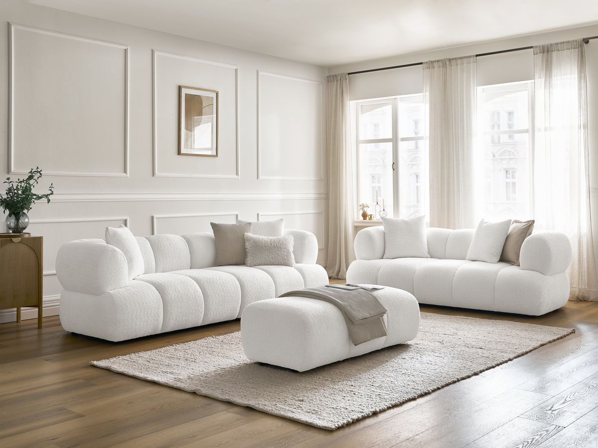 Ensemble canapé droit 3 + 2 places PAMIRA bouclette avec pouf blanc