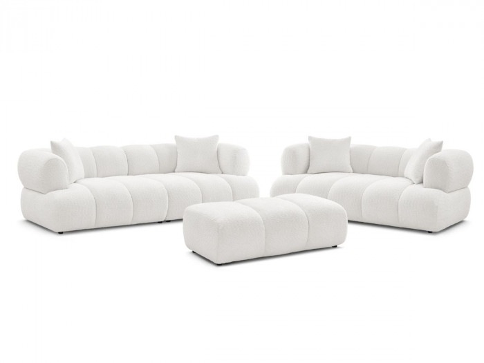 Ensemble canapé droit fixe 3 + 2 places PAMIRA tissu bouclette avec pouf