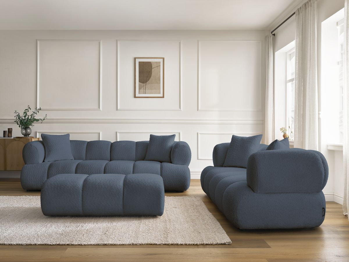 Ensemble canapé droit 3 + 2 places PAMIRA bouclette avec pouf bleu foncé — vue 5