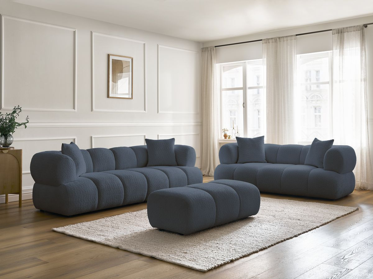 Ensemble canapé droit 3 + 2 places PAMIRA bouclette avec pouf bleu foncé — vue 6