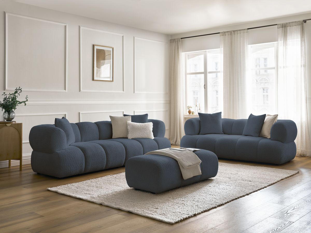 Ensemble canapé droit 3 + 2 places PAMIRA bouclette avec pouf bleu foncé