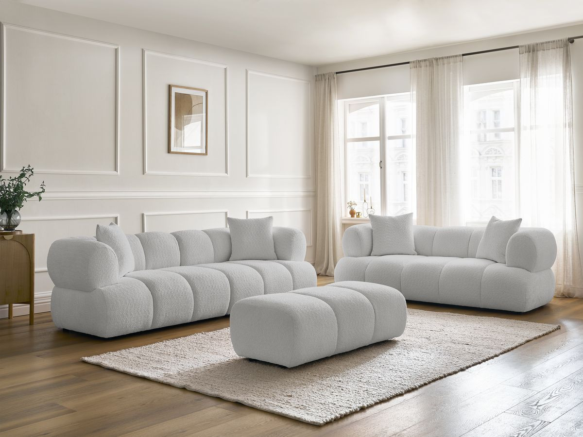 Ensemble canapé droit 3 + 2 places PAMIRA bouclette avec pouf gris clair — vue 6