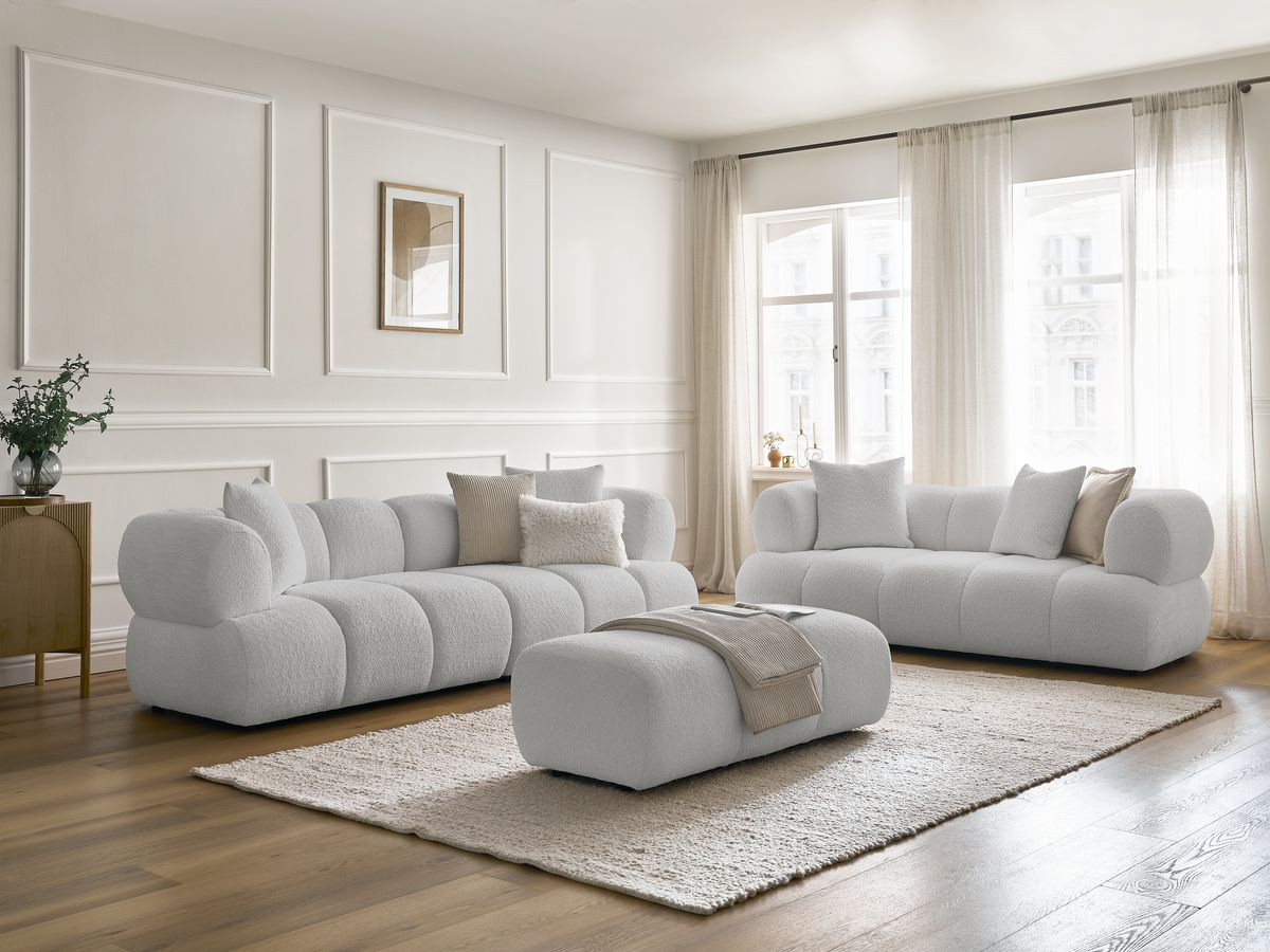 Ensemble canapé droit 3 + 2 places PAMIRA bouclette avec pouf gris clair