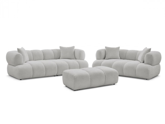 Ensemble canapé droit fixe 3 + 2 places PAMIRA tissu bouclette avec pouf
