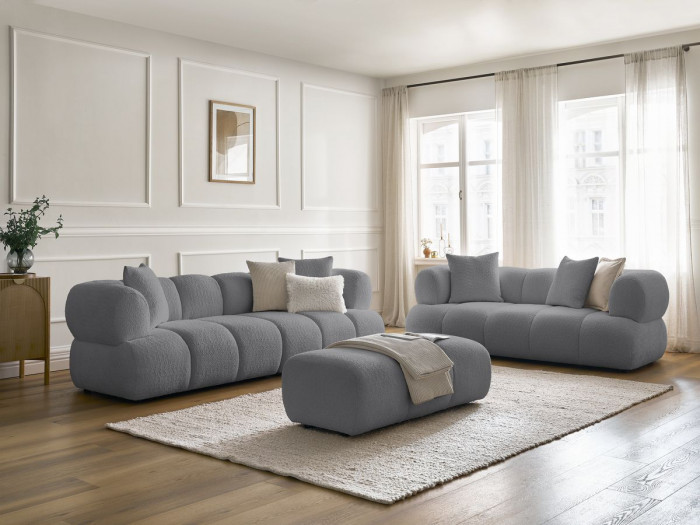 Ensemble canapé droit fixe 3 + 2 places PAMIRA tissu bouclette avec pouf