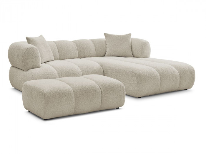 Canapé d'angle fixe PAMIRA tissu bouclette avec pouf