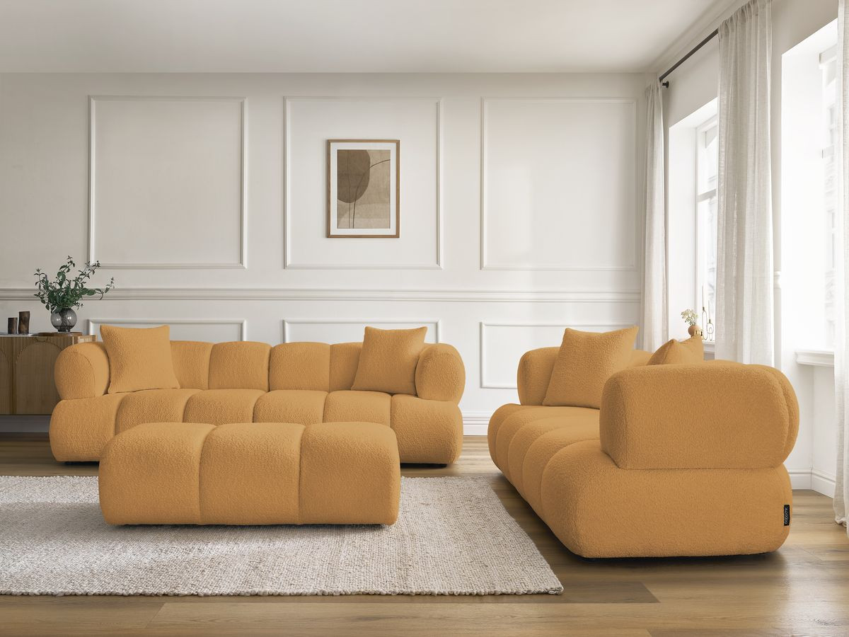 Ensemble canapé droit 3 + 2 places PAMIRA bouclette avec pouf jaune — vue 5