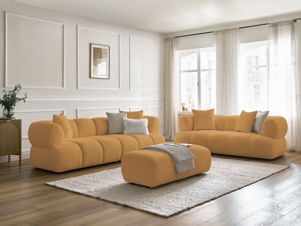 Ensemble canapé droit 3 + 2 places PAMIRA bouclette avec pouf jaune