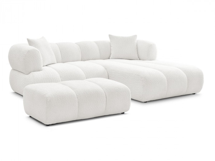 Canapé d'angle fixe PAMIRA tissu bouclette avec pouf