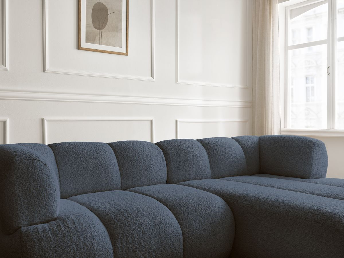 Canapé d'angle PAMIRA bouclette avec pouf bleu foncé — vue 5