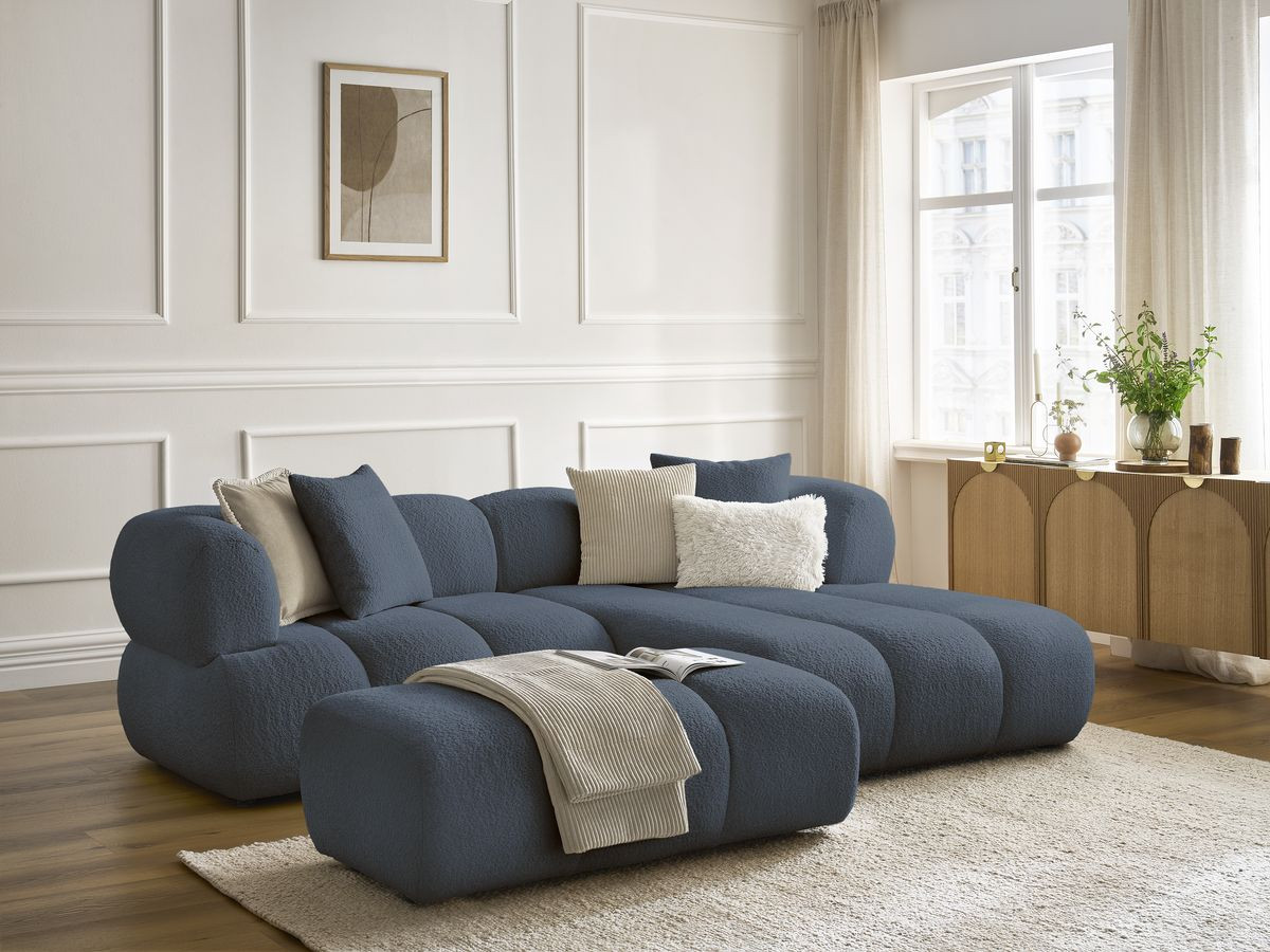 Canapé d'angle PAMIRA bouclette avec pouf bleu foncé