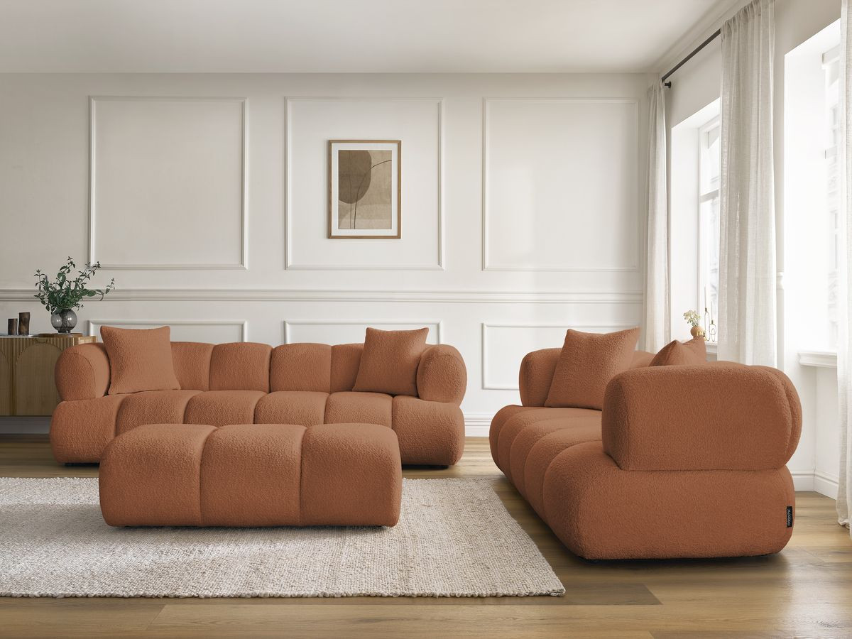 Ensemble canapé droit 3 + 2 places PAMIRA bouclette avec pouf orange — vue 5