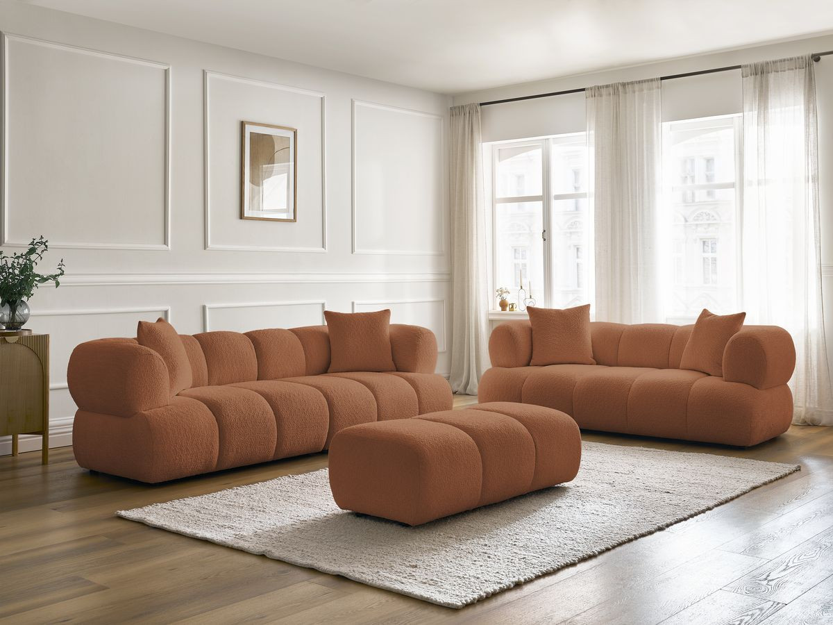 Ensemble canapé droit 3 + 2 places PAMIRA bouclette avec pouf orange — vue 6