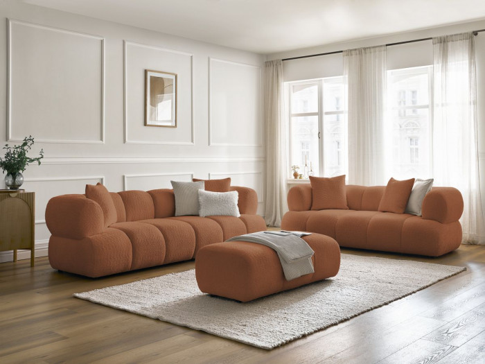 Ensemble canapé droit fixe 3 + 2 places PAMIRA tissu bouclette avec pouf