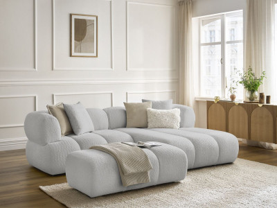 Canapé d'angle fixe PAMIRA tissu bouclette avec pouf