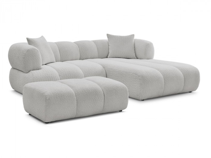 Canapé d'angle fixe PAMIRA tissu bouclette avec pouf
