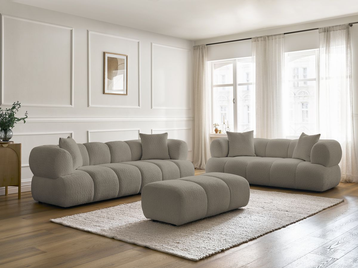 Ensemble canapé droit 3 + 2 places PAMIRA bouclette avec pouf taupe — vue 6