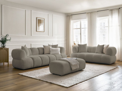 Ensemble canapé droit fixe 3 + 2 places PAMIRA tissu bouclette avec pouf