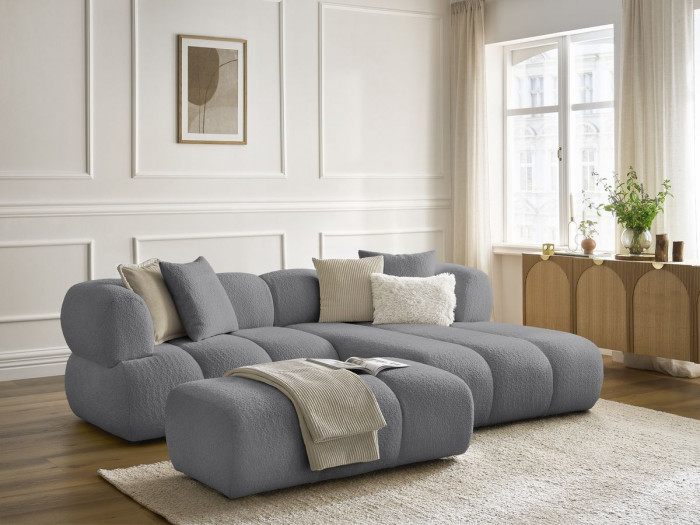 Canapé d'angle fixe PAMIRA tissu bouclette avec pouf