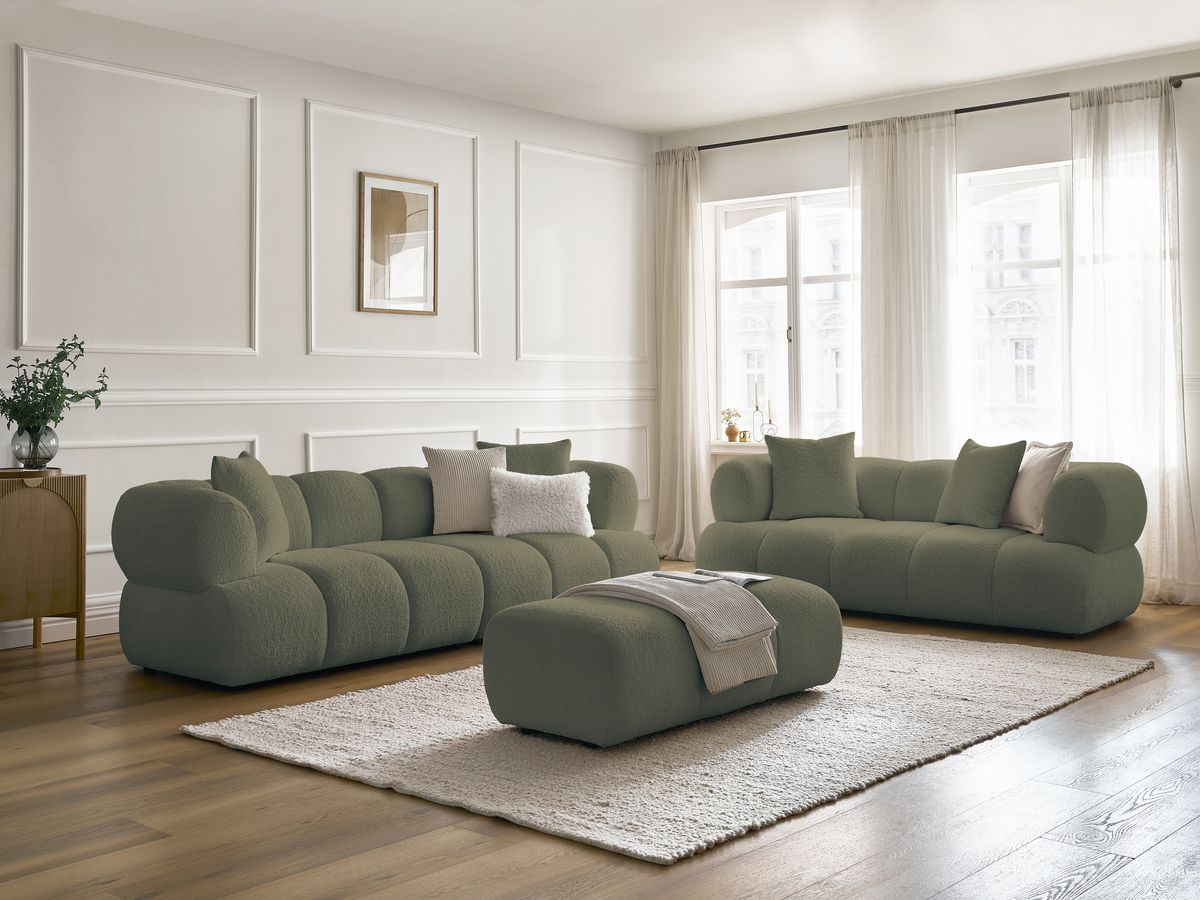 Ensemble canapé droit 3 + 2 places PAMIRA bouclette avec pouf vert