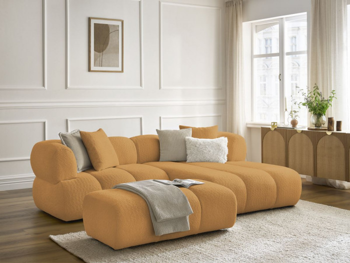 Canapé d'angle fixe PAMIRA tissu bouclette avec pouf