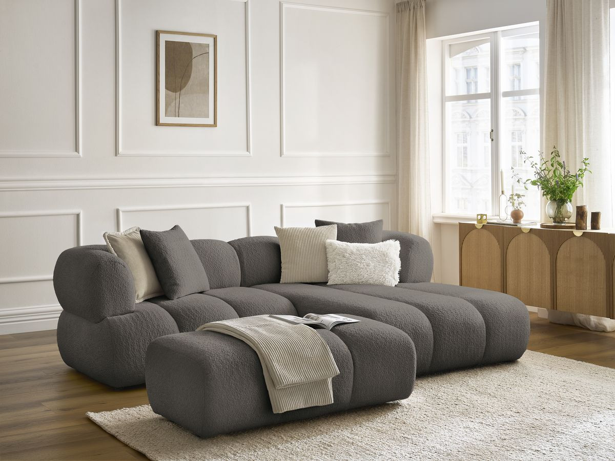 Canapé d'angle fixe PAMIRA tissu bouclette avec pouf