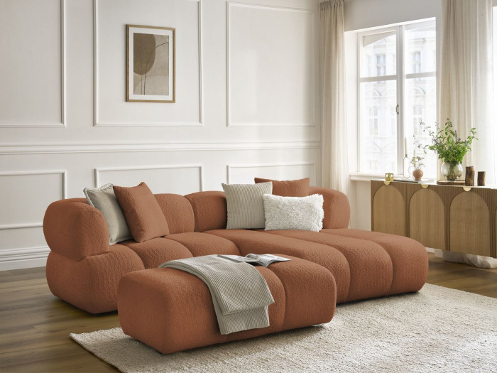 Canapé d'angle fixe PAMIRA tissu bouclette avec pouf