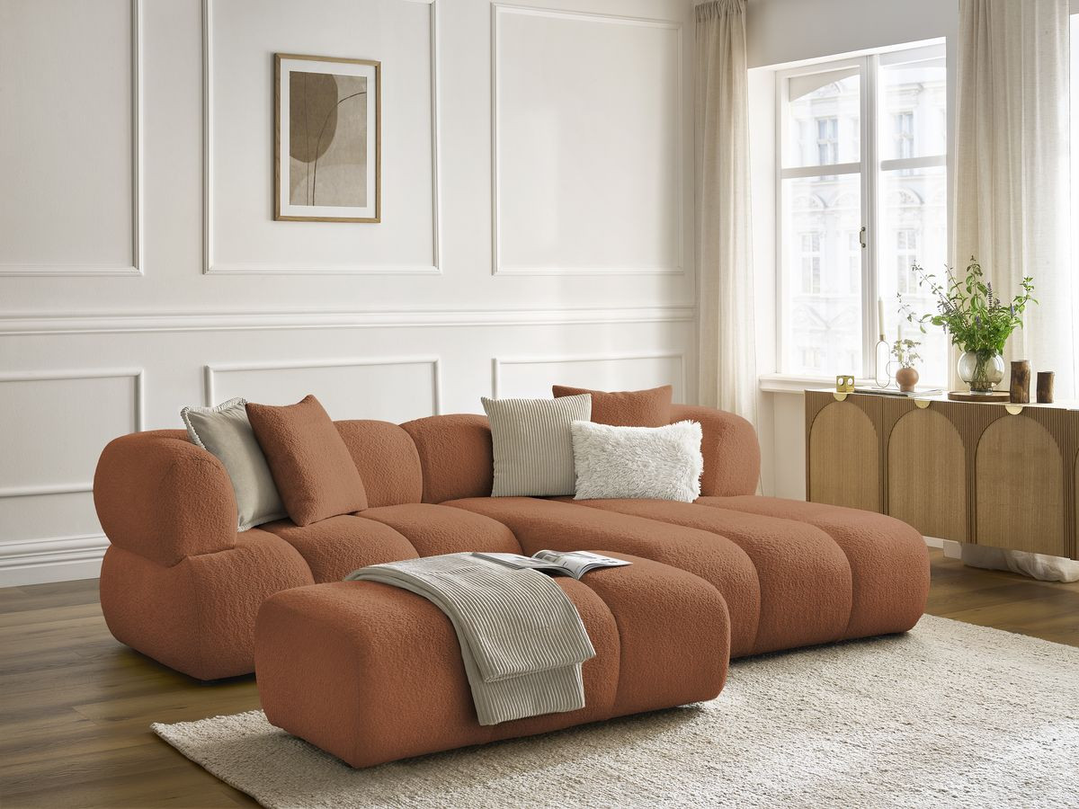 Canapé d'angle PAMIRA bouclette avec pouf orange