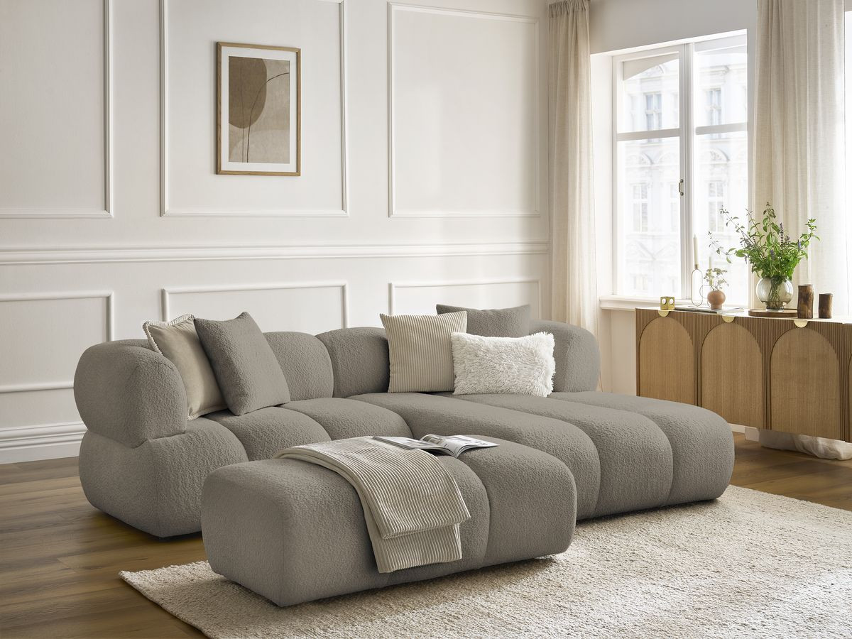 Canapé d'angle PAMIRA bouclette avec pouf taupe