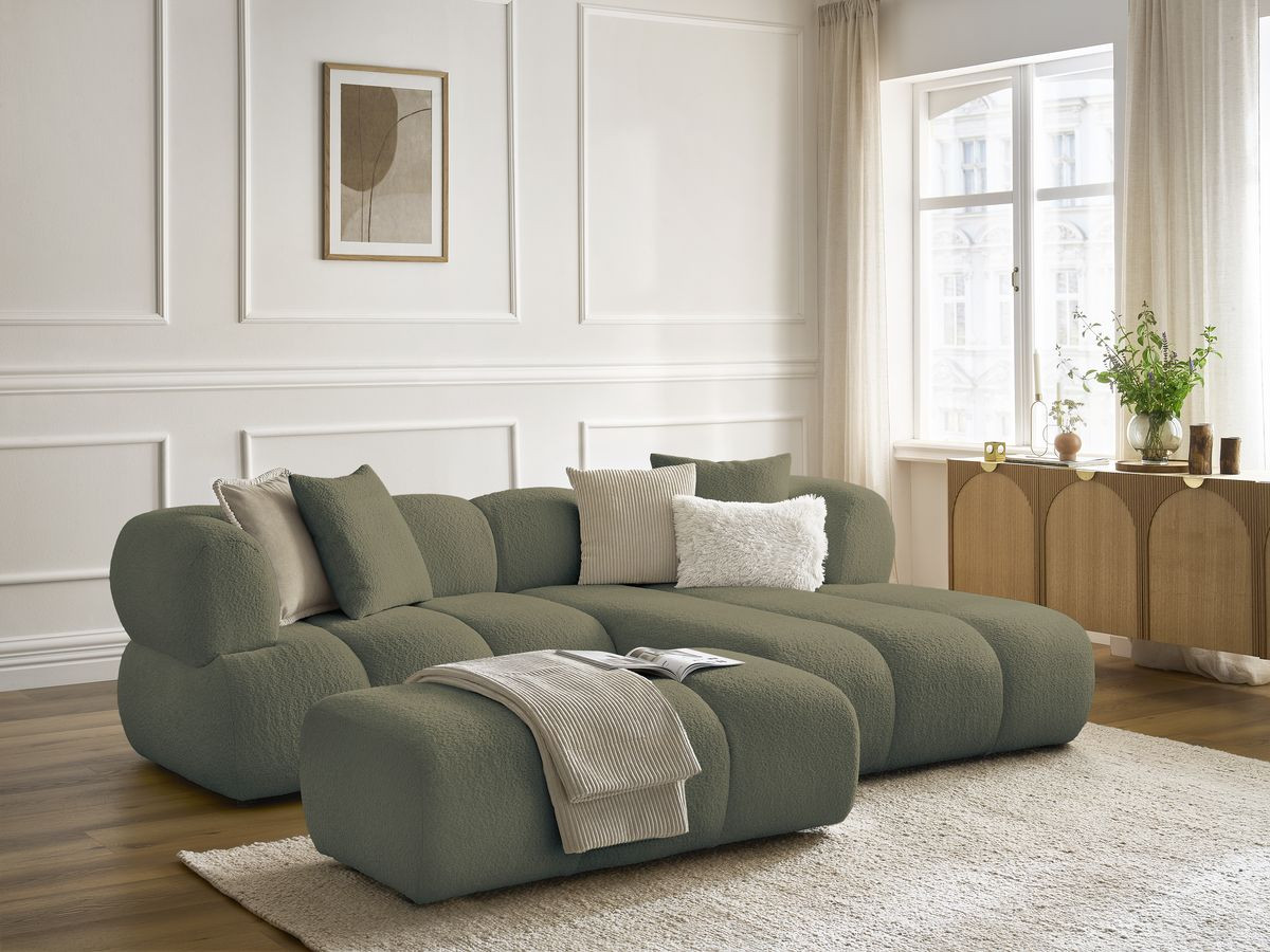 Canapé d'angle PAMIRA bouclette avec pouf vert