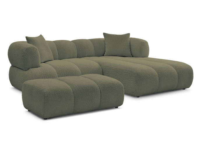 Canapé d'angle fixe PAMIRA tissu bouclette avec pouf