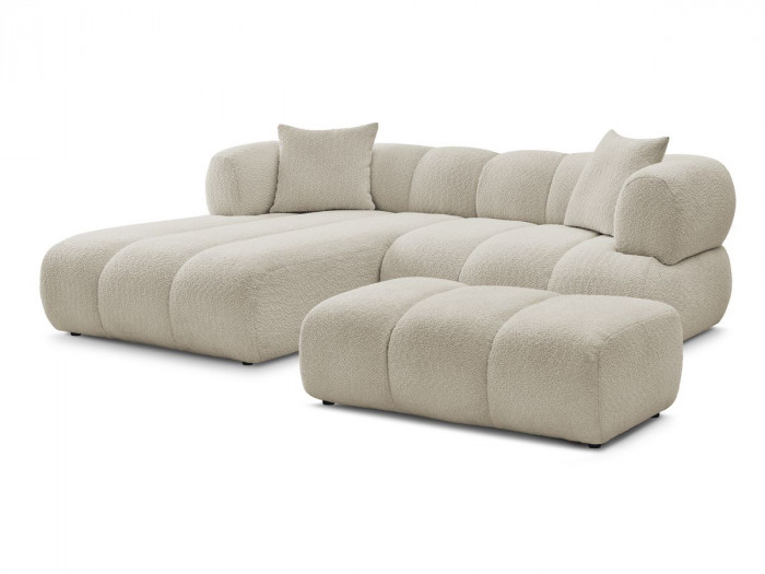 Canapé d'angle fixe PAMIRA tissu bouclette avec pouf